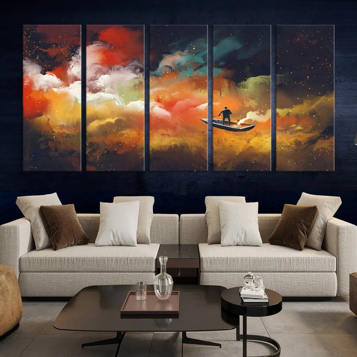 The "Surreal Space Adventure Canvas Wall Art" is a dreamlike abstract galaxy print with an astronaut among clouds, inviting you on a space adventure. This stunning piece comes framed and ready to hang, making it perfect for enhancing living room or bedroom decor.