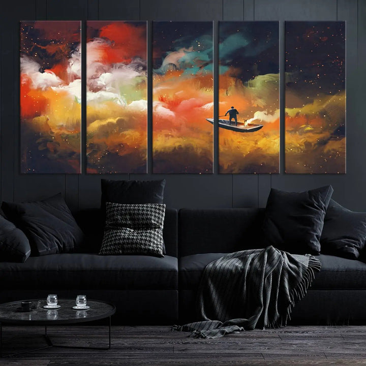 The "Surreal Space Adventure Canvas Wall Art" is a dreamlike abstract galaxy print with an astronaut among clouds, inviting you on a space adventure. This stunning piece comes framed and ready to hang, making it perfect for enhancing living room or bedroom decor.