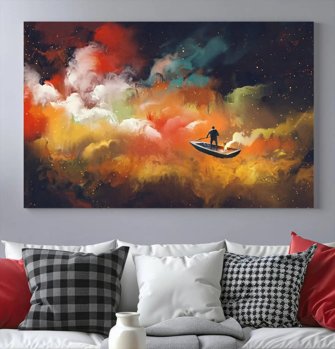 The "Surreal Space Adventure Canvas Wall Art" is a dreamlike abstract galaxy print with an astronaut among clouds, inviting you on a space adventure. This stunning piece comes framed and ready to hang, making it perfect for enhancing living room or bedroom decor.