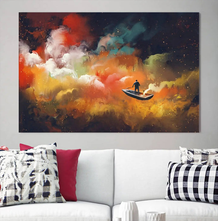 The "Surreal Space Adventure Canvas Wall Art" is a dreamlike abstract galaxy print with an astronaut among clouds, inviting you on a space adventure. This stunning piece comes framed and ready to hang, making it perfect for enhancing living room or bedroom decor.