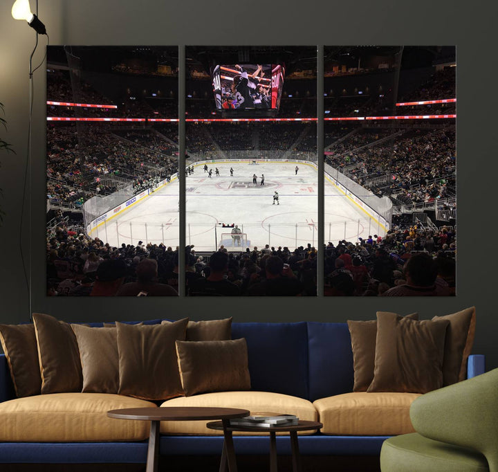 The T-Mobile Arena in Paradise, Nevada, home to the Vegas Golden Knights, is brought to life with vibrant colors in this captivating ice hockey stadium wall art canvas print.