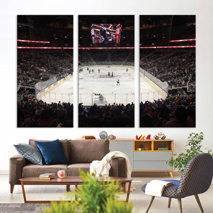 The T-Mobile Arena in Paradise, Nevada, home to the Vegas Golden Knights, is brought to life with vibrant colors in this captivating ice hockey stadium wall art canvas print.