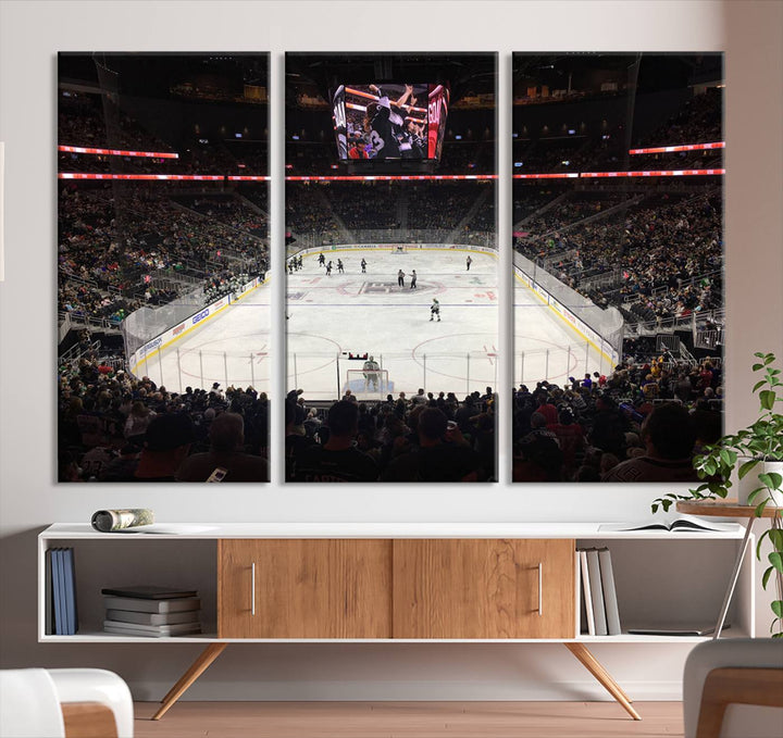 The T-Mobile Arena in Paradise, Nevada, home to the Vegas Golden Knights, is brought to life with vibrant colors in this captivating ice hockey stadium wall art canvas print.