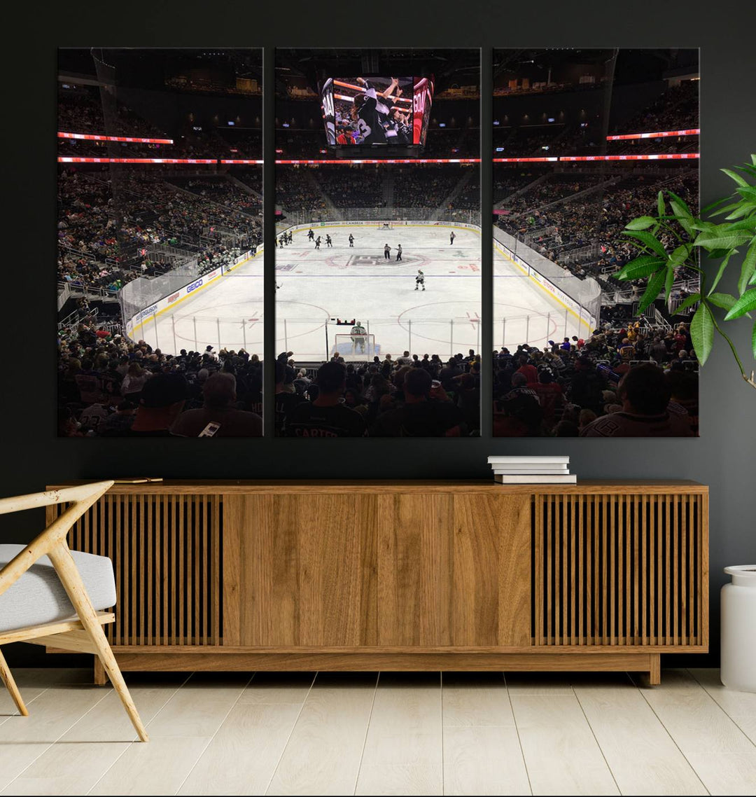 The T-Mobile Arena in Paradise, Nevada, home to the Vegas Golden Knights, is brought to life with vibrant colors in this captivating ice hockey stadium wall art canvas print.