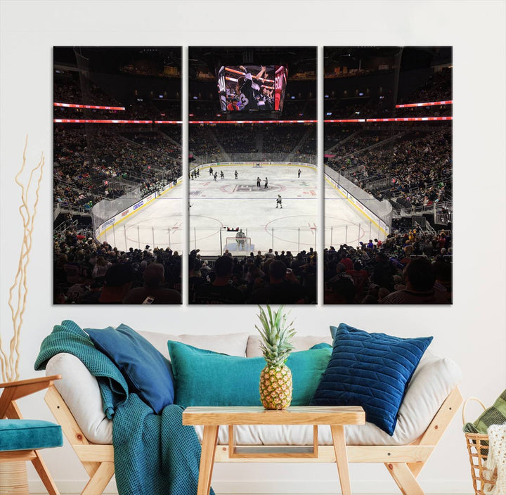 The T-Mobile Arena in Paradise, Nevada, home to the Vegas Golden Knights, is brought to life with vibrant colors in this captivating ice hockey stadium wall art canvas print.