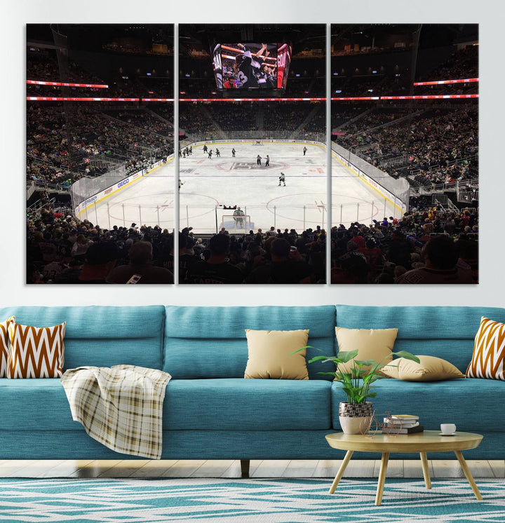 The T-Mobile Arena in Paradise, Nevada, home to the Vegas Golden Knights, is brought to life with vibrant colors in this captivating ice hockey stadium wall art canvas print.