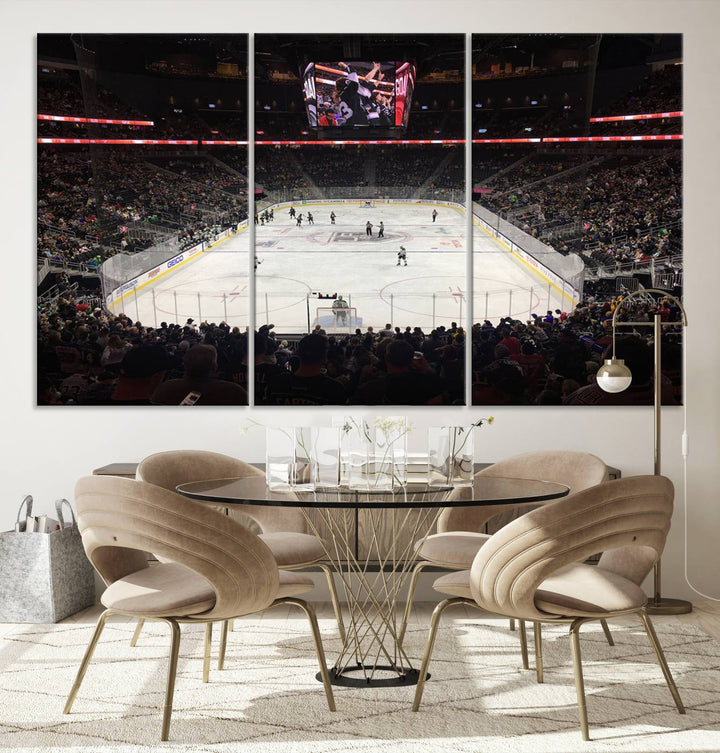 The T-Mobile Arena in Paradise, Nevada, home to the Vegas Golden Knights, is brought to life with vibrant colors in this captivating ice hockey stadium wall art canvas print.