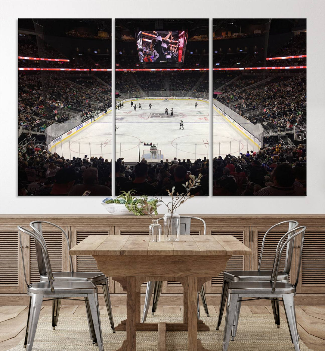 The T-Mobile Arena in Paradise, Nevada, home to the Vegas Golden Knights, is brought to life with vibrant colors in this captivating ice hockey stadium wall art canvas print.