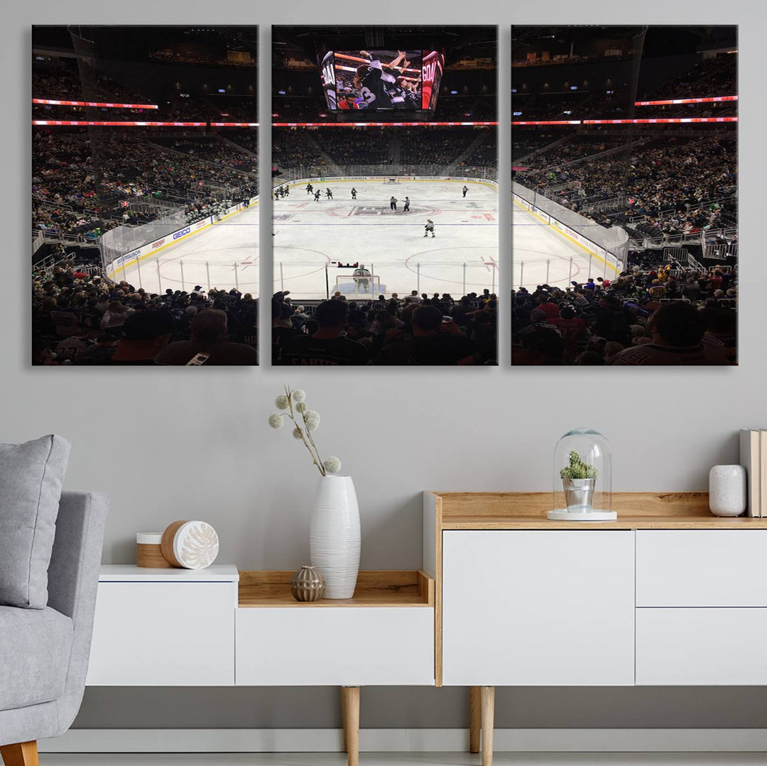 The T-Mobile Arena in Paradise, Nevada, home to the Vegas Golden Knights, is brought to life with vibrant colors in this captivating ice hockey stadium wall art canvas print.