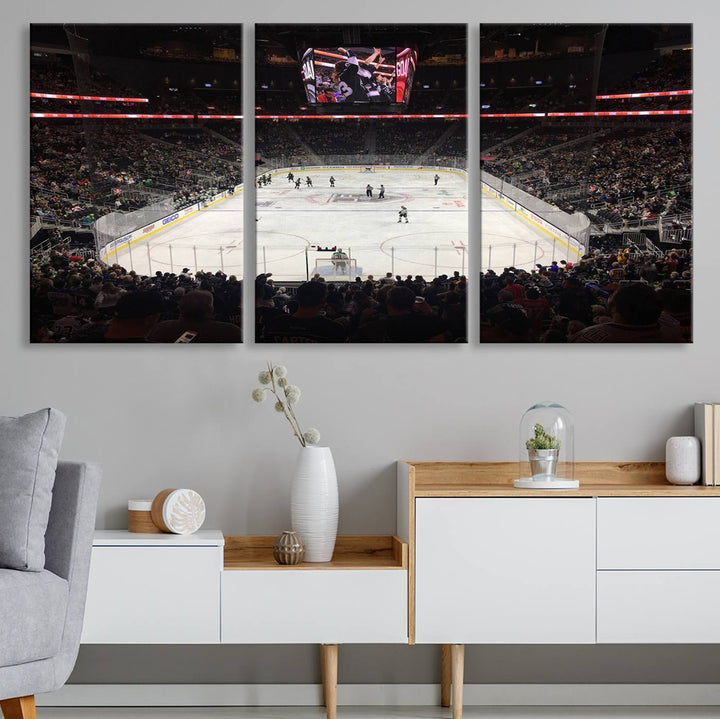 The T-Mobile Arena in Paradise, Nevada, home to the Vegas Golden Knights, is brought to life with vibrant colors in this captivating ice hockey stadium wall art canvas print.