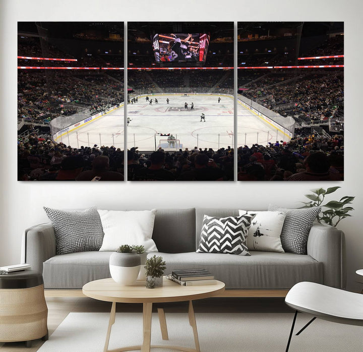 The T-Mobile Arena in Paradise, Nevada, home to the Vegas Golden Knights, is brought to life with vibrant colors in this captivating ice hockey stadium wall art canvas print.