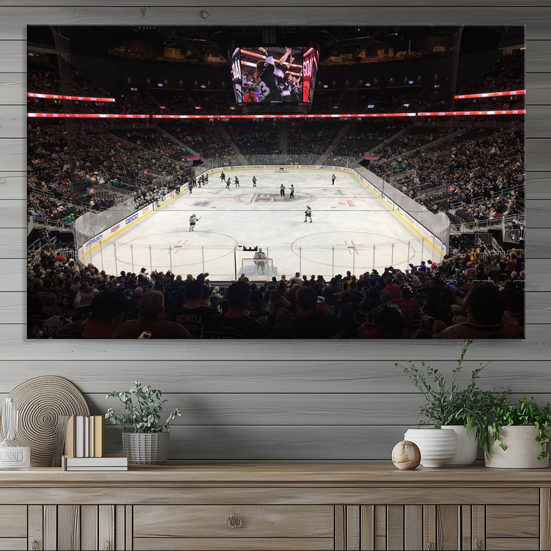 The T-Mobile Arena in Paradise, Nevada, home to the Vegas Golden Knights, is brought to life with vibrant colors in this captivating ice hockey stadium wall art canvas print.