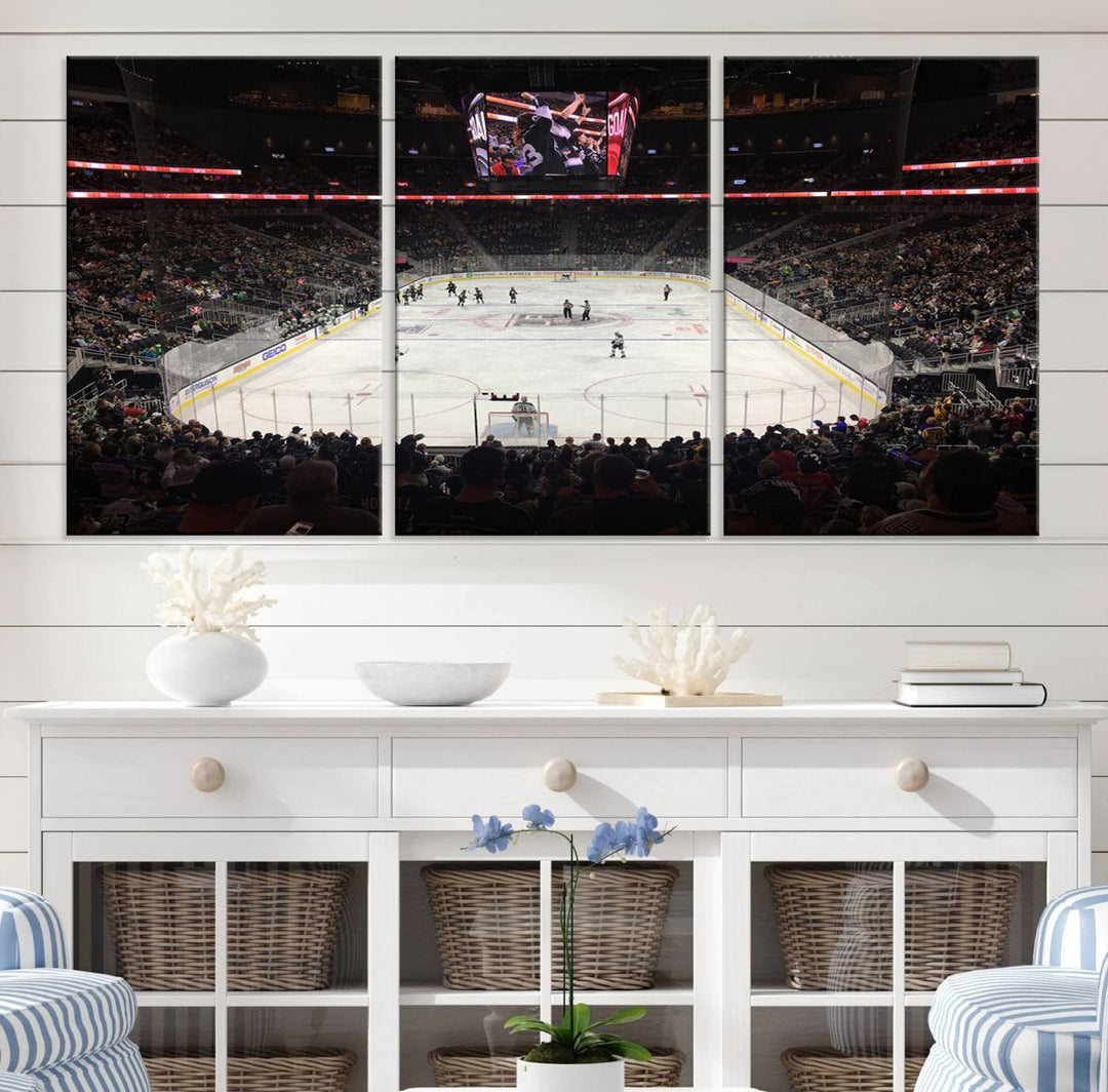 The T-Mobile Arena in Paradise, Nevada, home to the Vegas Golden Knights, is brought to life with vibrant colors in this captivating ice hockey stadium wall art canvas print.