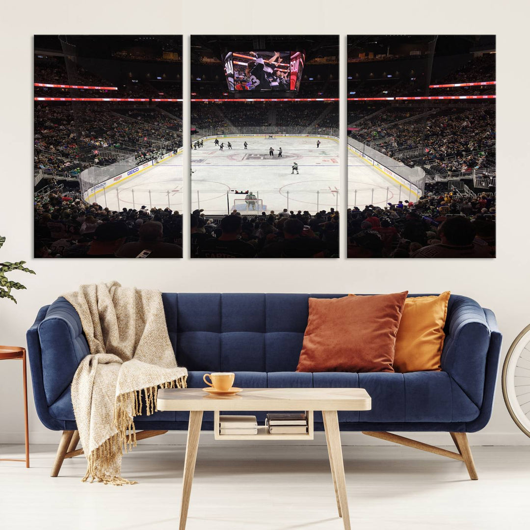 The T-Mobile Arena in Paradise, Nevada, home to the Vegas Golden Knights, is brought to life with vibrant colors in this captivating ice hockey stadium wall art canvas print.