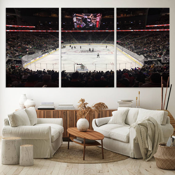 The T-Mobile Arena in Paradise, Nevada, home to the Vegas Golden Knights, is brought to life with vibrant colors in this captivating ice hockey stadium wall art canvas print.