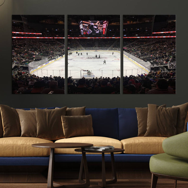 The T-Mobile Arena in Paradise, Nevada, home to the Vegas Golden Knights, is brought to life with vibrant colors in this captivating ice hockey stadium wall art canvas print.