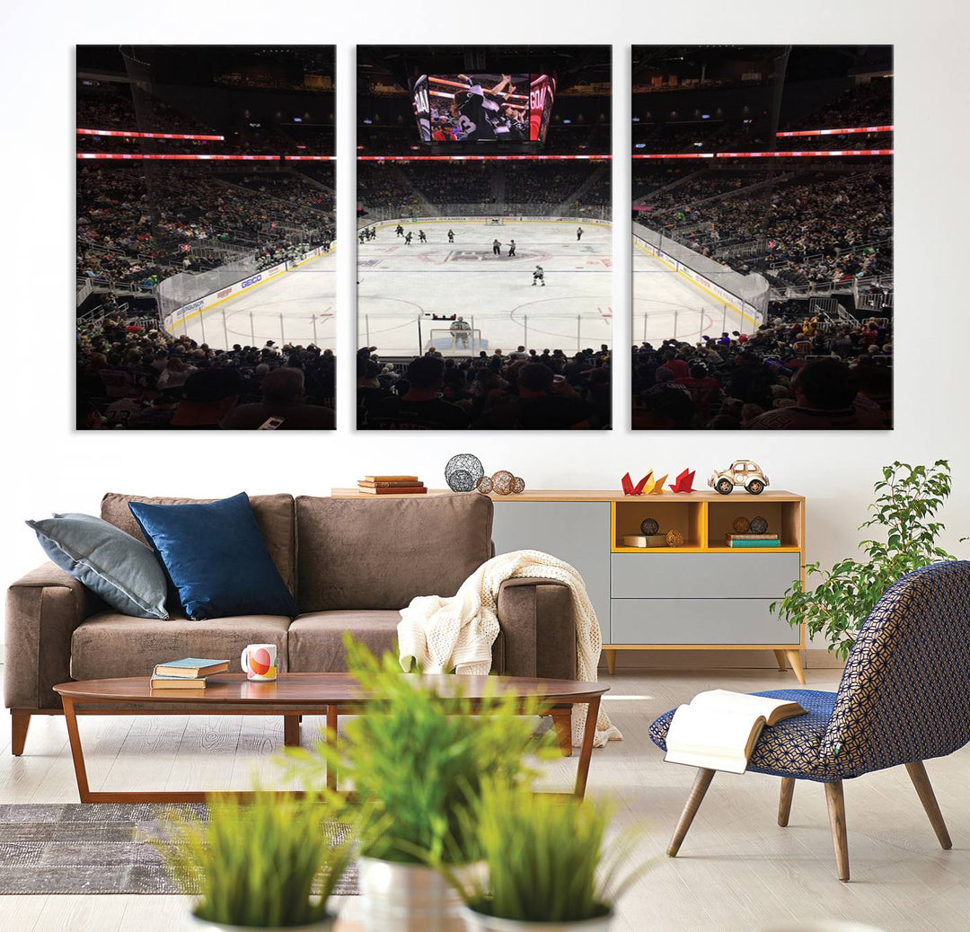 The T-Mobile Arena in Paradise, Nevada, home to the Vegas Golden Knights, is brought to life with vibrant colors in this captivating ice hockey stadium wall art canvas print.