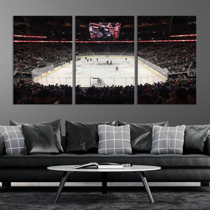 The T-Mobile Arena in Paradise, Nevada, home to the Vegas Golden Knights, is brought to life with vibrant colors in this captivating ice hockey stadium wall art canvas print.