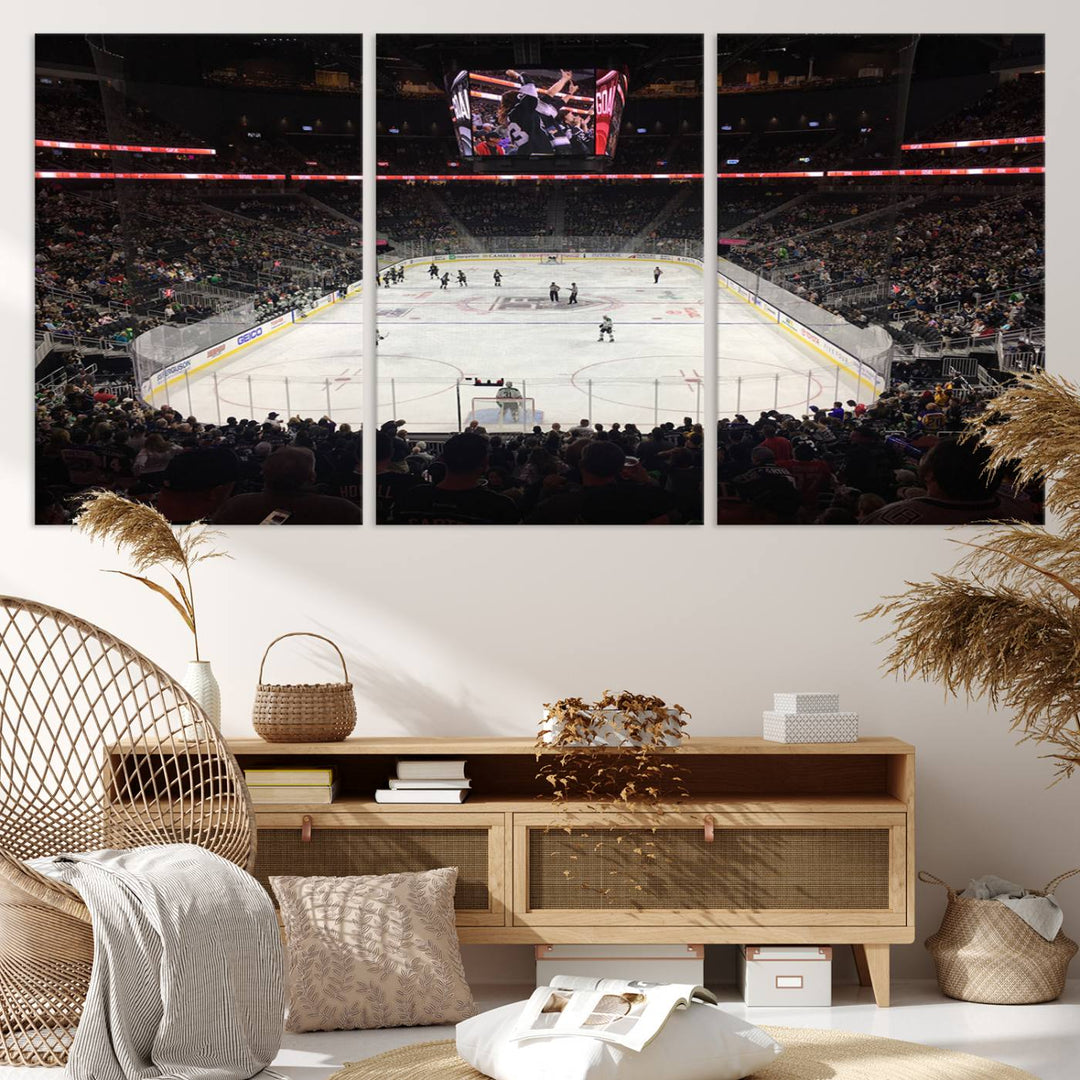 The T-Mobile Arena in Paradise, Nevada, home to the Vegas Golden Knights, is brought to life with vibrant colors in this captivating ice hockey stadium wall art canvas print.