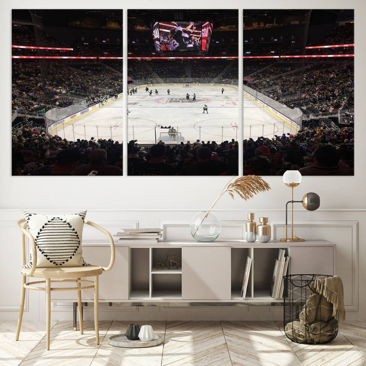 The T-Mobile Arena in Paradise, Nevada, home to the Vegas Golden Knights, is brought to life with vibrant colors in this captivating ice hockey stadium wall art canvas print.