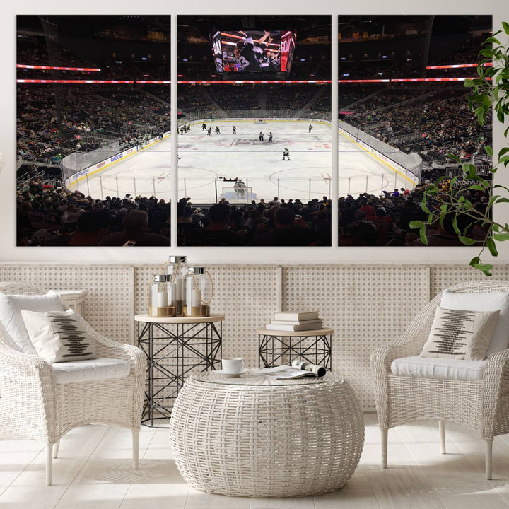 The T-Mobile Arena in Paradise, Nevada, home to the Vegas Golden Knights, is brought to life with vibrant colors in this captivating ice hockey stadium wall art canvas print.