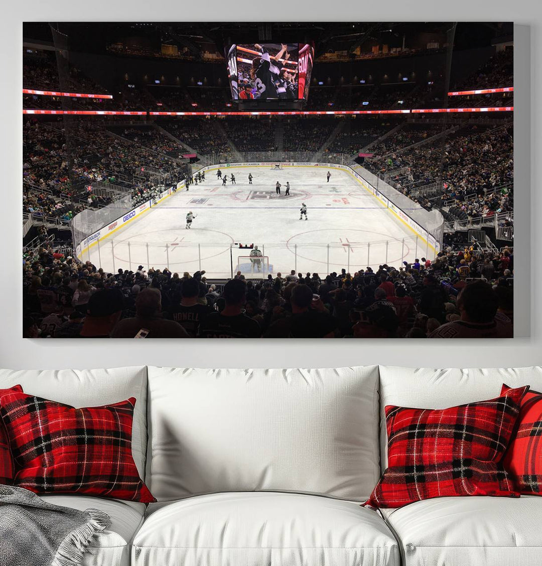 The T-Mobile Arena in Paradise, Nevada, home to the Vegas Golden Knights, is brought to life with vibrant colors in this captivating ice hockey stadium wall art canvas print.