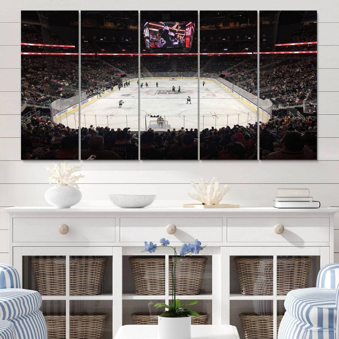 The T-Mobile Arena in Paradise, Nevada, home to the Vegas Golden Knights, is brought to life with vibrant colors in this captivating ice hockey stadium wall art canvas print.