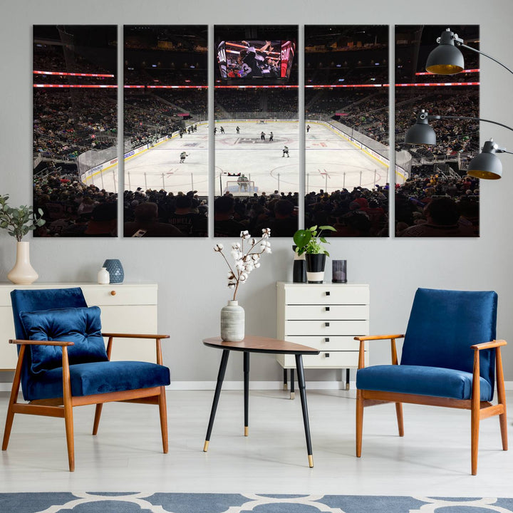 The T-Mobile Arena in Paradise, Nevada, home to the Vegas Golden Knights, is brought to life with vibrant colors in this captivating ice hockey stadium wall art canvas print.