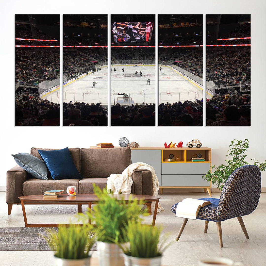 The T-Mobile Arena in Paradise, Nevada, home to the Vegas Golden Knights, is brought to life with vibrant colors in this captivating ice hockey stadium wall art canvas print.