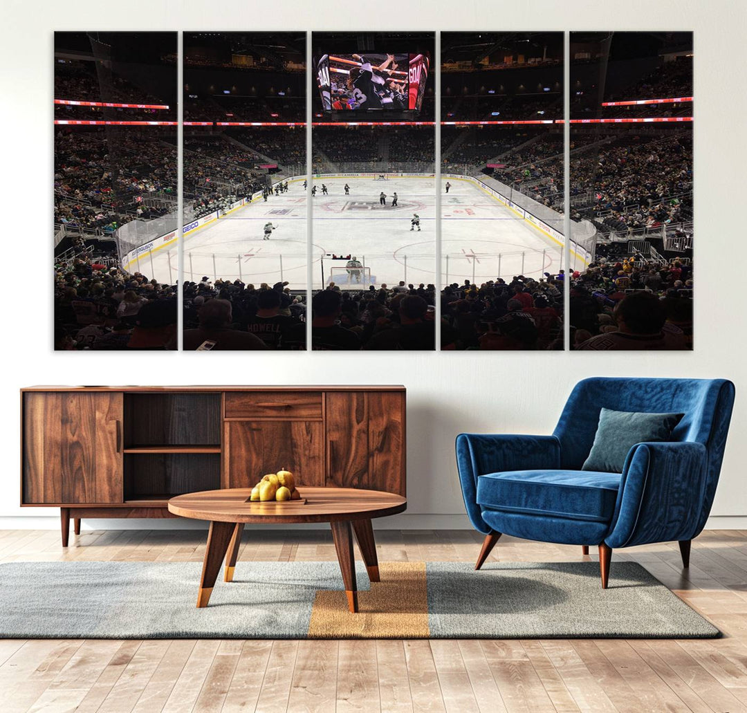 The T-Mobile Arena in Paradise, Nevada, home to the Vegas Golden Knights, is brought to life with vibrant colors in this captivating ice hockey stadium wall art canvas print.