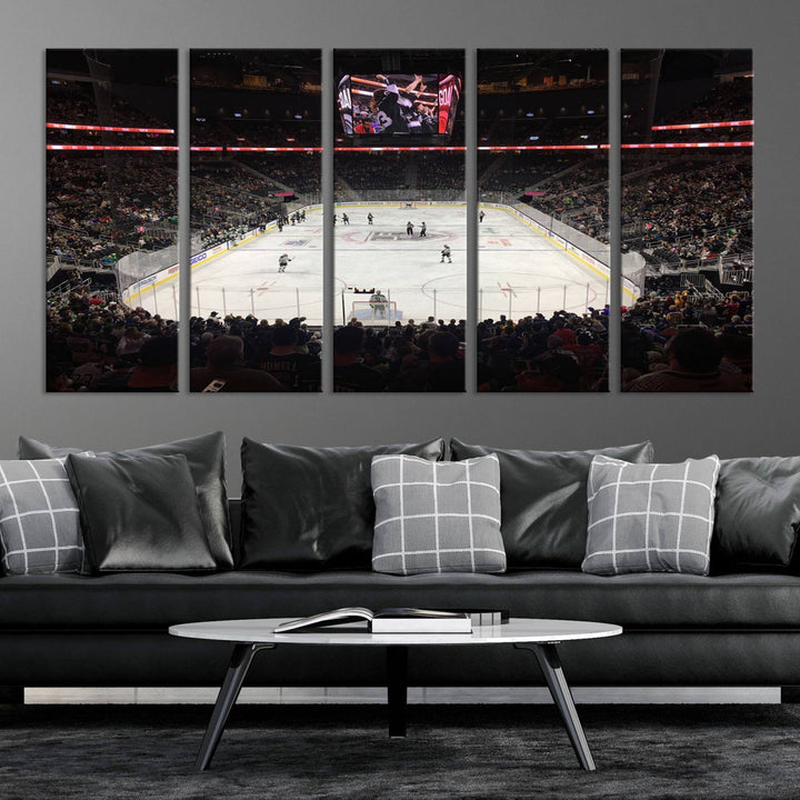 The T-Mobile Arena in Paradise, Nevada, home to the Vegas Golden Knights, is brought to life with vibrant colors in this captivating ice hockey stadium wall art canvas print.