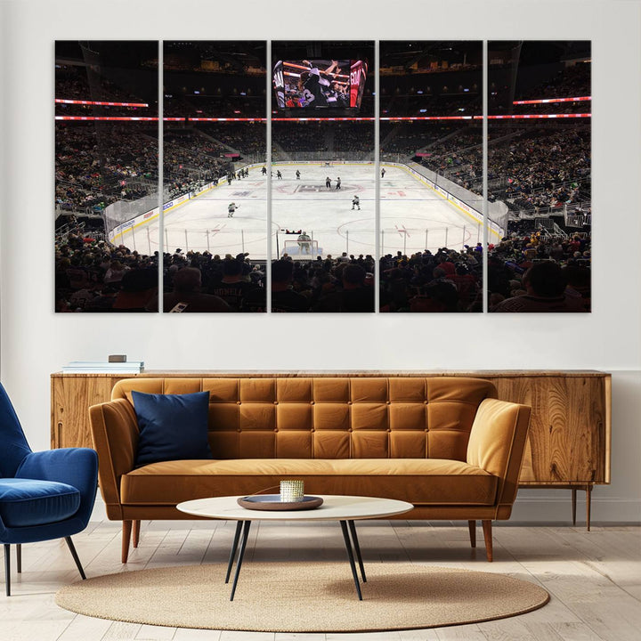 The T-Mobile Arena in Paradise, Nevada, home to the Vegas Golden Knights, is brought to life with vibrant colors in this captivating ice hockey stadium wall art canvas print.