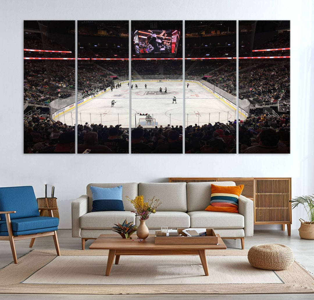 The T-Mobile Arena in Paradise, Nevada, home to the Vegas Golden Knights, is brought to life with vibrant colors in this captivating ice hockey stadium wall art canvas print.