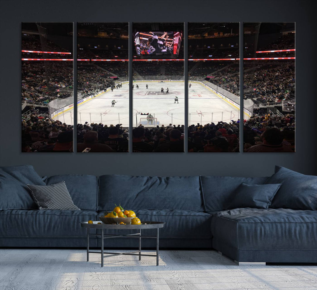 The T-Mobile Arena in Paradise, Nevada, home to the Vegas Golden Knights, is brought to life with vibrant colors in this captivating ice hockey stadium wall art canvas print.