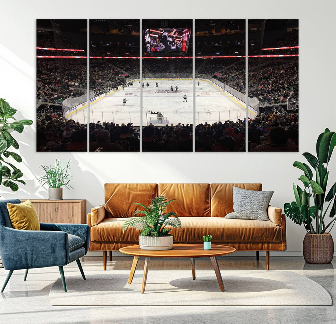 The T-Mobile Arena in Paradise, Nevada, home to the Vegas Golden Knights, is brought to life with vibrant colors in this captivating ice hockey stadium wall art canvas print.