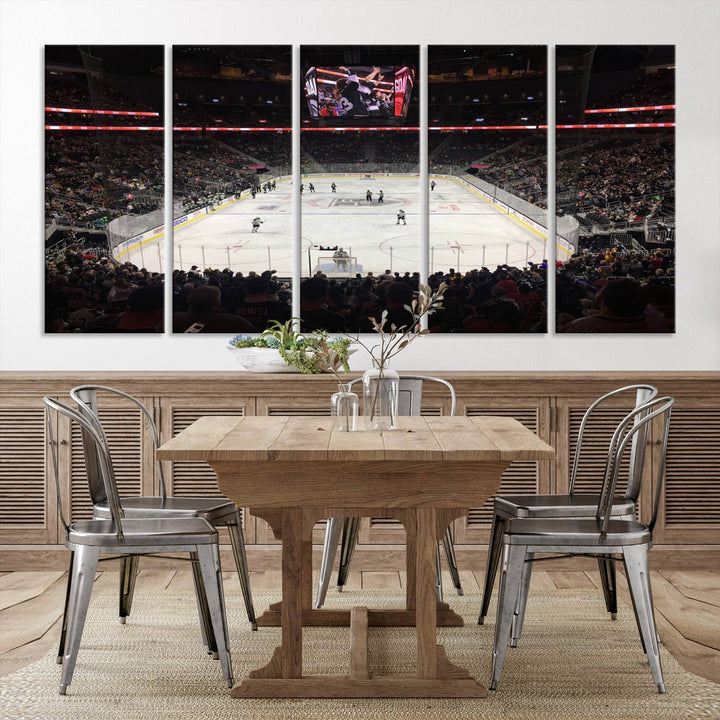 The T-Mobile Arena in Paradise, Nevada, home to the Vegas Golden Knights, is brought to life with vibrant colors in this captivating ice hockey stadium wall art canvas print.