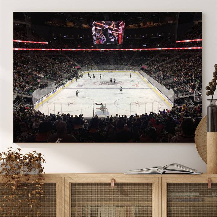 The T-Mobile Arena in Paradise, Nevada, home to the Vegas Golden Knights, is brought to life with vibrant colors in this captivating ice hockey stadium wall art canvas print.