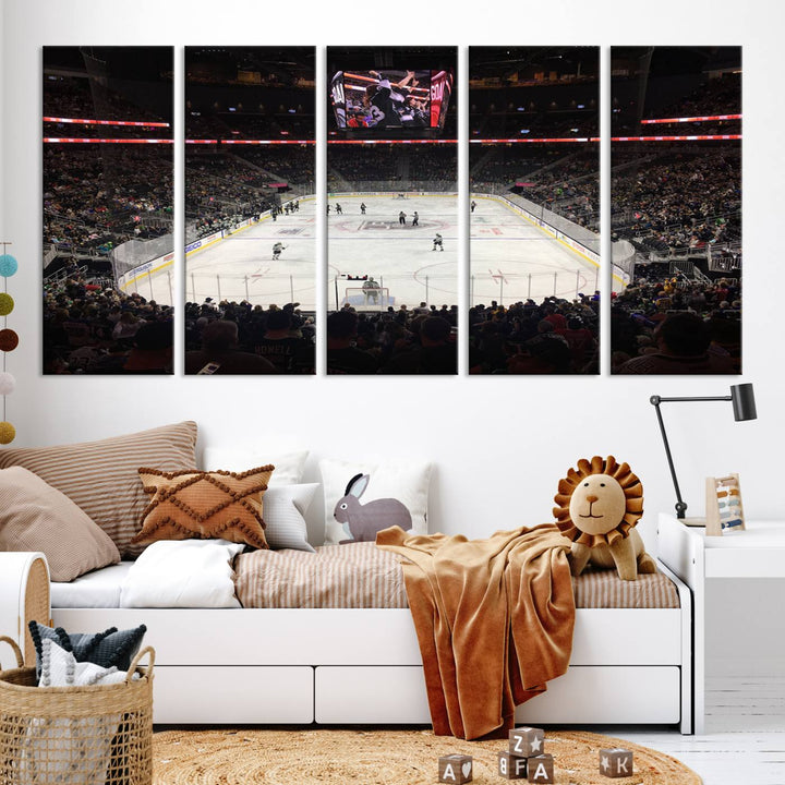 The T-Mobile Arena in Paradise, Nevada, home to the Vegas Golden Knights, is brought to life with vibrant colors in this captivating ice hockey stadium wall art canvas print.