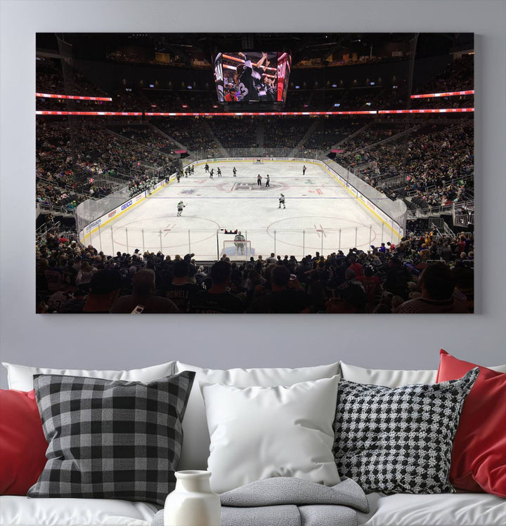 The T-Mobile Arena in Paradise, Nevada, home to the Vegas Golden Knights, is brought to life with vibrant colors in this captivating ice hockey stadium wall art canvas print.