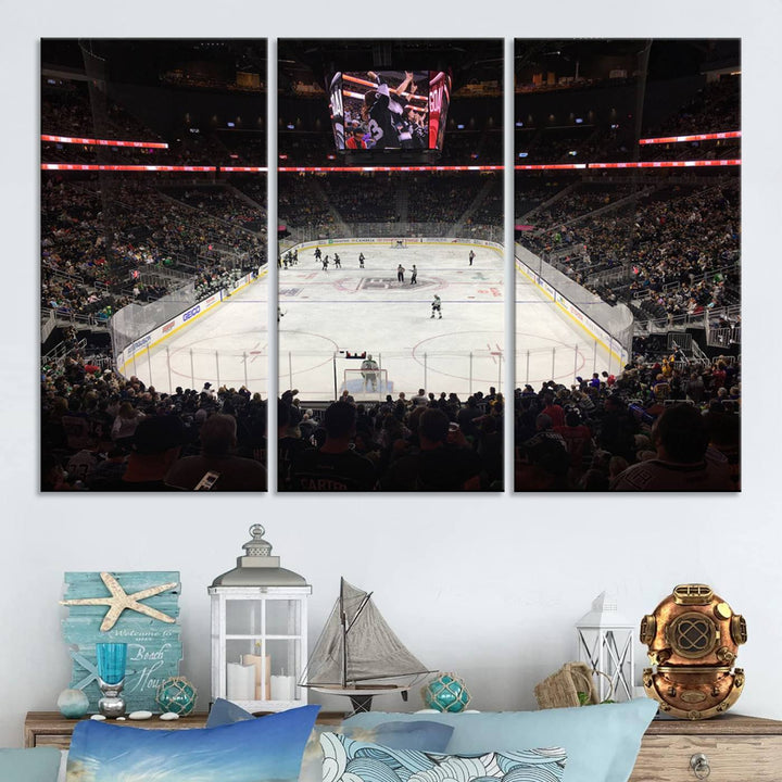 The T-Mobile Arena in Paradise, Nevada, home to the Vegas Golden Knights, is brought to life with vibrant colors in this captivating ice hockey stadium wall art canvas print.