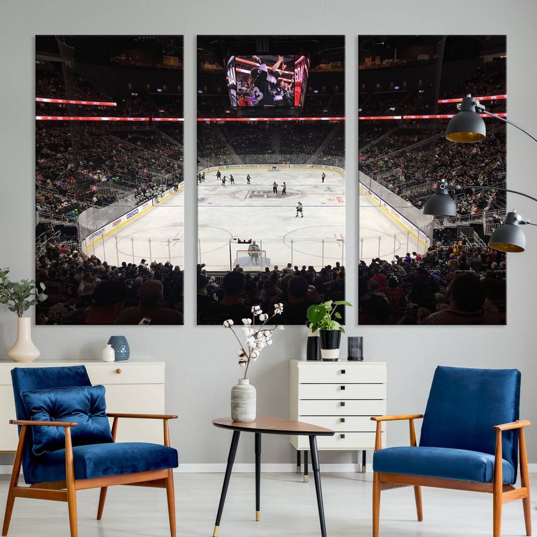 The T-Mobile Arena in Paradise, Nevada, home to the Vegas Golden Knights, is brought to life with vibrant colors in this captivating ice hockey stadium wall art canvas print.