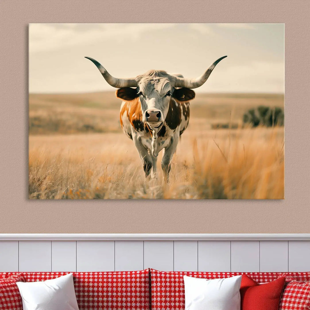 The Texas Cow Wall Art Canvas Print enhances the space with its depiction of a Texas cow in a field, adding charm to the area.