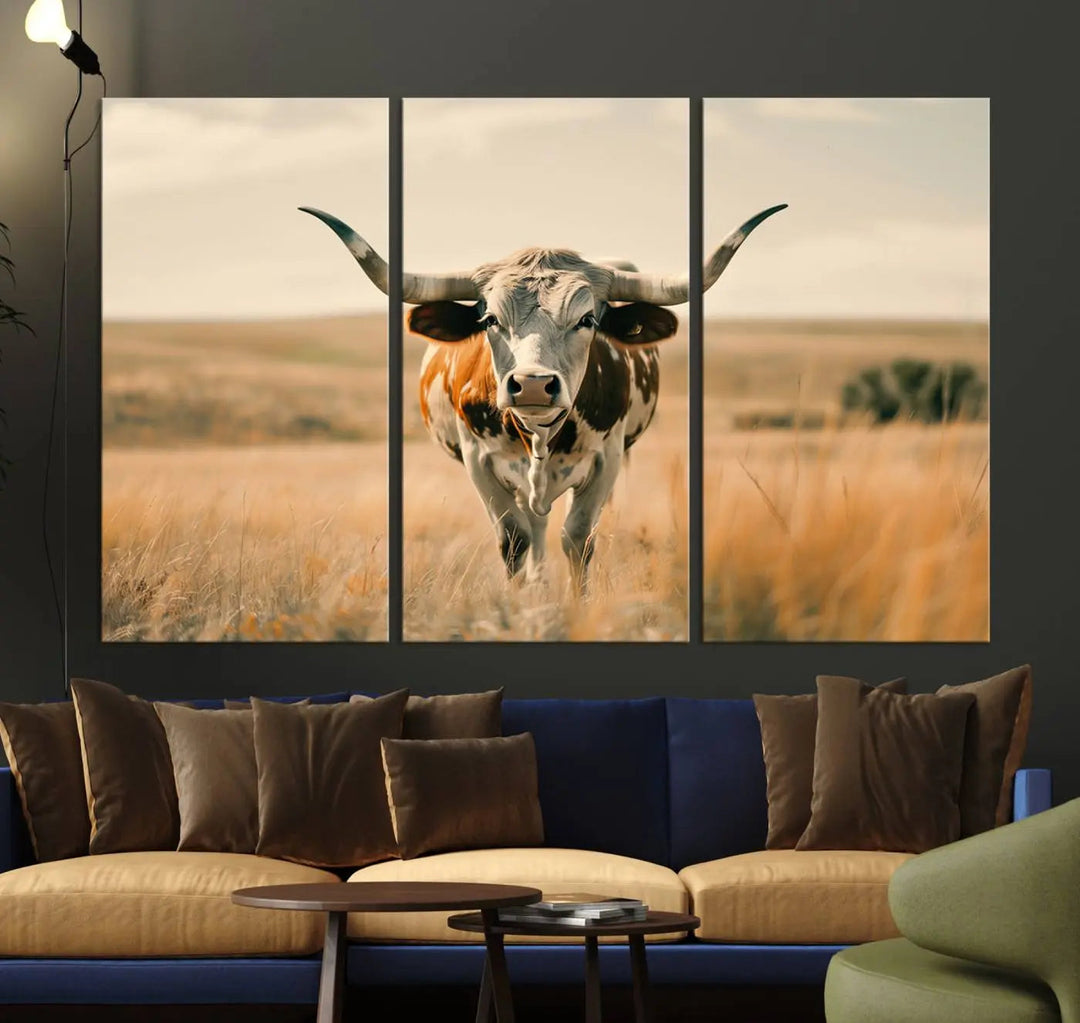 The Texas Cow Wall Art Canvas Print enhances the space with its depiction of a Texas cow in a field, adding charm to the area.