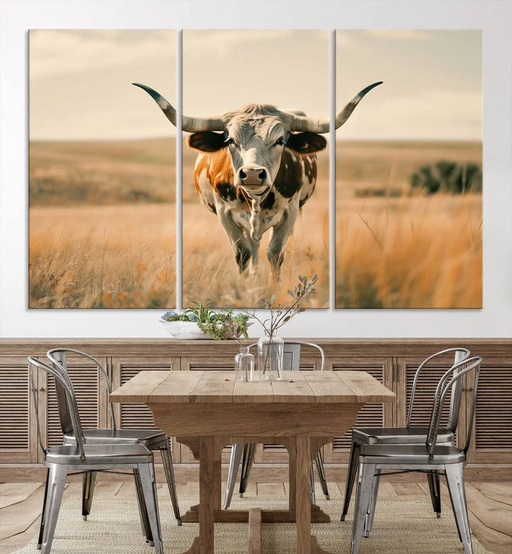 The Texas Cow Wall Art Canvas Print enhances the space with its depiction of a Texas cow in a field, adding charm to the area.