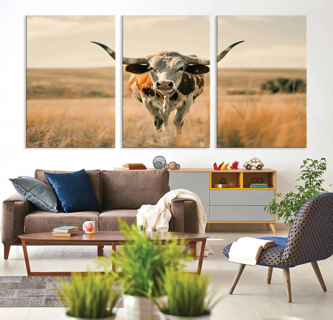 The Texas Cow Wall Art Canvas Print enhances the space with its depiction of a Texas cow in a field, adding charm to the area.