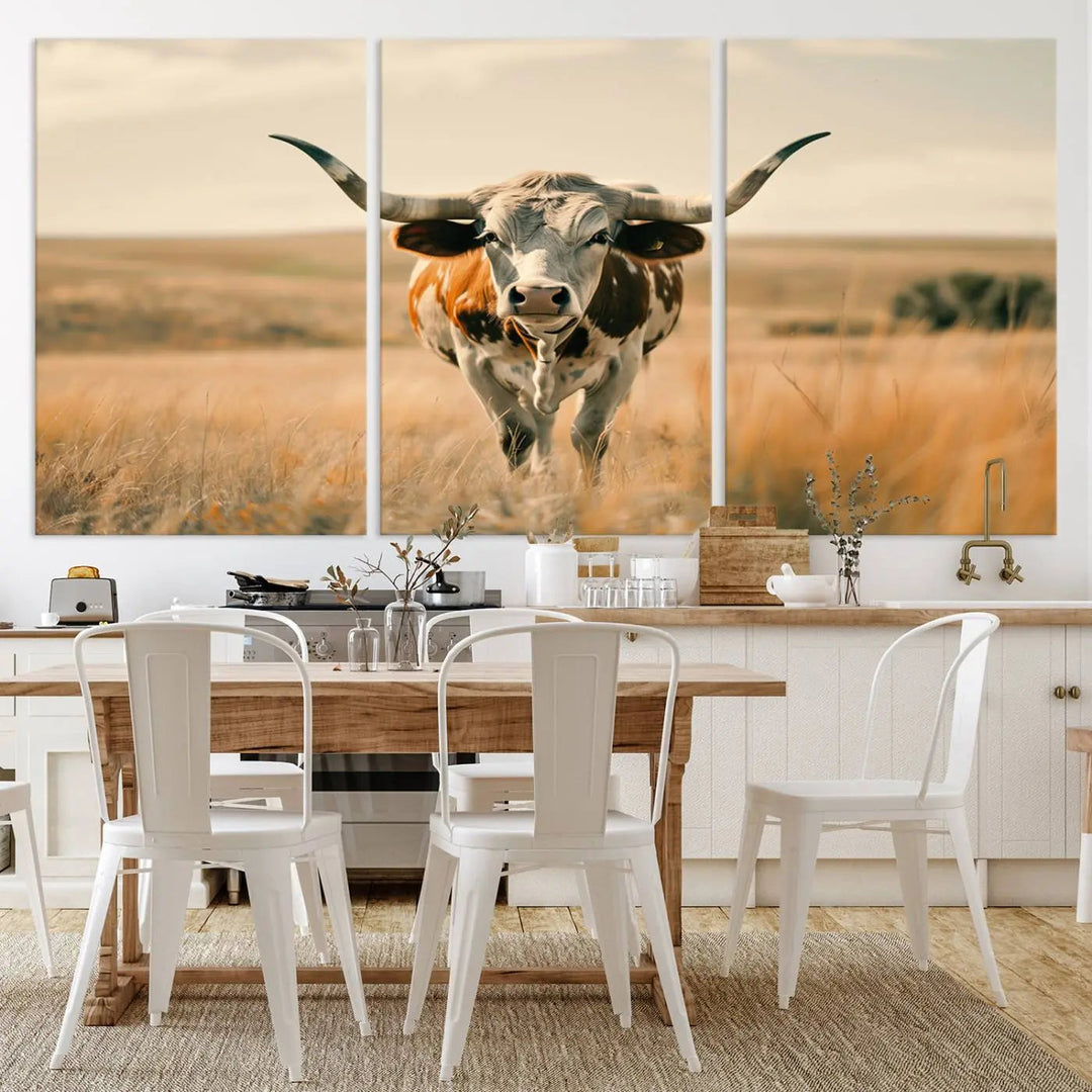 The Texas Cow Wall Art Canvas Print enhances the space with its depiction of a Texas cow in a field, adding charm to the area.