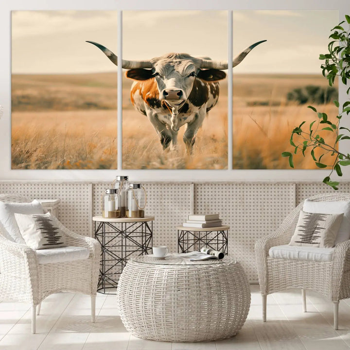 The Texas Cow Wall Art Canvas Print enhances the space with its depiction of a Texas cow in a field, adding charm to the area.