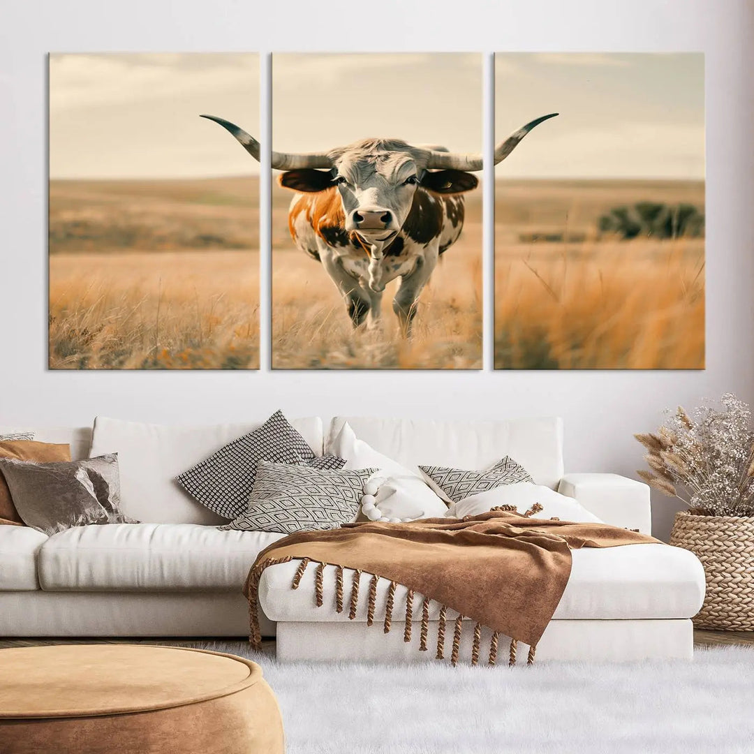 The Texas Cow Wall Art Canvas Print enhances the space with its depiction of a Texas cow in a field, adding charm to the area.