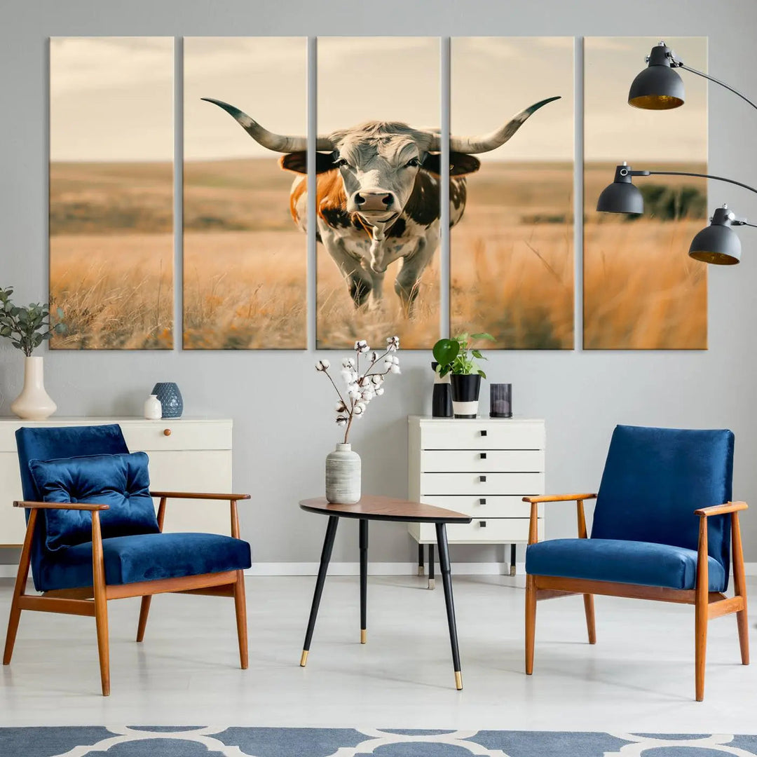 The Texas Cow Wall Art Canvas Print enhances the space with its depiction of a Texas cow in a field, adding charm to the area.