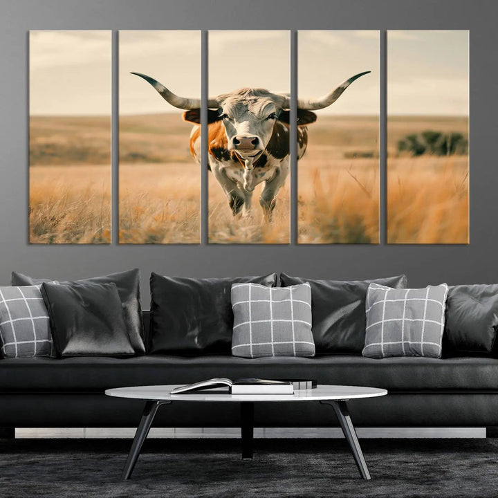 The Texas Cow Wall Art Canvas Print enhances the space with its depiction of a Texas cow in a field, adding charm to the area.